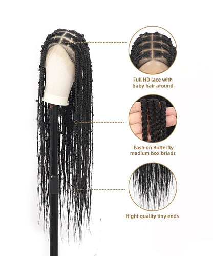 Fancivivi Butterfly Knotless Braids Over Hip-Length 36" Full Hand Tied Lace Medium Box Braided Wig