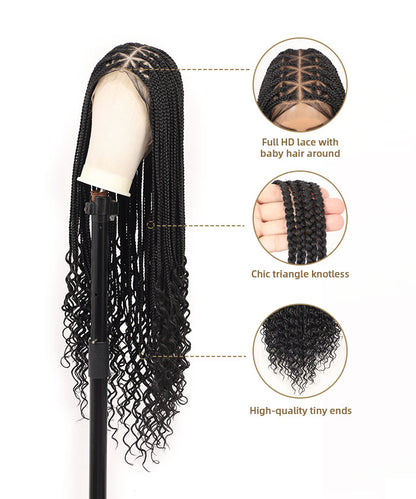 Fancivivi Triangle Medium Knotless Braids with Curls Over Hip-Length 36" Full Hand Tied Lace Box Braided Wig