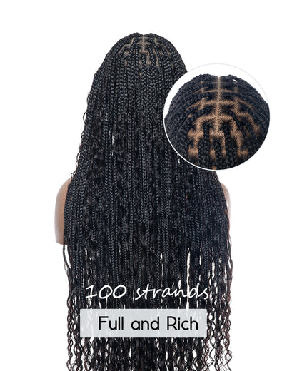 36" Tangleless Human Hair Boho Curls HD Lace Knotless Box Braided Wig Full Lace 79/100/121 Strands