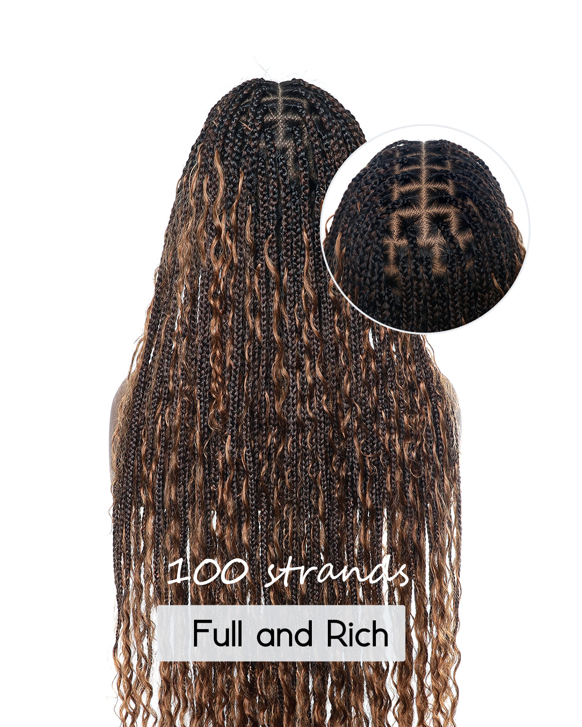 36" Tangleless Human Hair Boho Curls HD Lace Knotless Box Braided Wig Full Lace 79/100/121 Strands