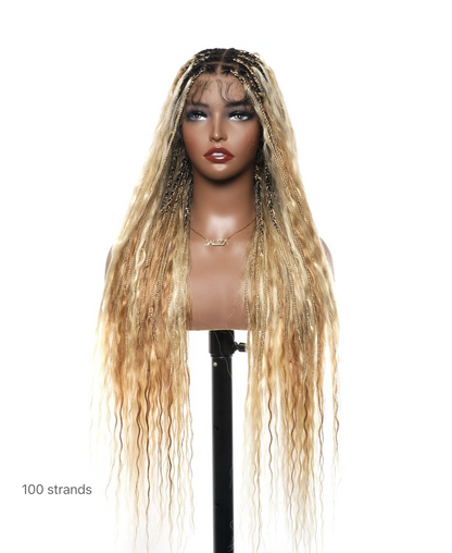 26" & 36" Super 27/613 Pre Bleached Human Hair Lace Knotless Boho Box Braided Wig Wet & Wavy