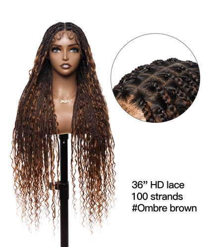 Tangleless Human Hair Boho Curls HD Lace Knotless Box Braided Wig Full Hand-tied - Human Baby Hair