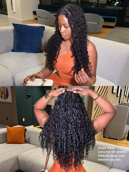 24" HD Lace Lightweight Tangleless Human Hair curls Full Hand Tied Boho Box Braided Wig