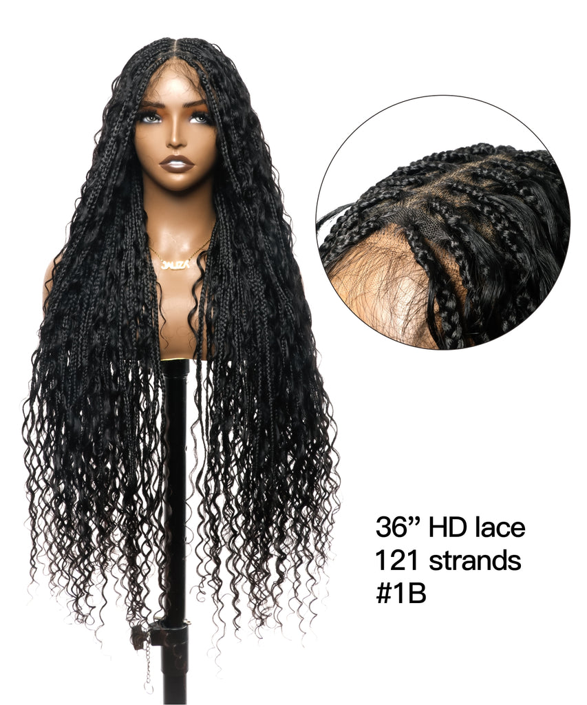 Tangleless Human Hair Boho Curls HD Lace Knotless Box Braided Wig Full Hand-tied - Human Baby Hair
