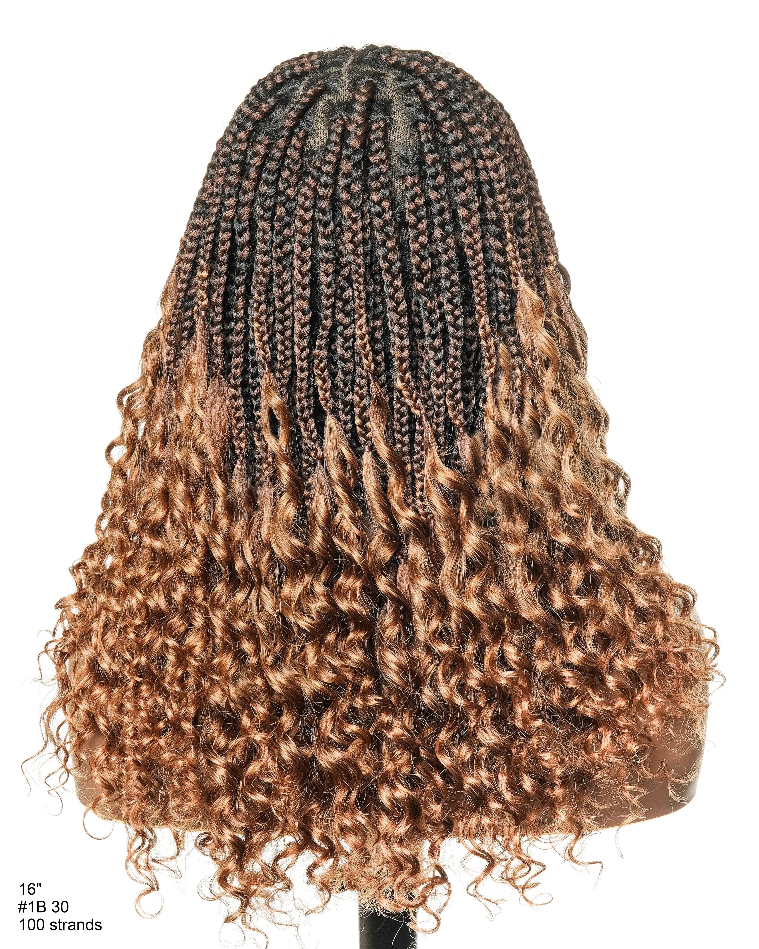 16" Pre Bleached Human Hair Lace & Human Hair Culry Ends HD Full Lace Knotless Curly Braided Wig 100 Strands(Made to order, ships in 1-2 weeks)