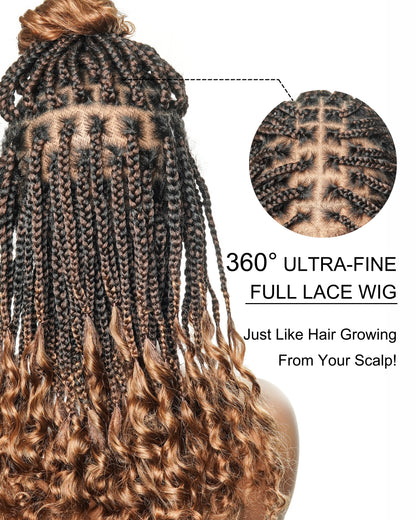 18" Pre Bleached Human Hair Lace & Human Hair Culry Ends HD Full Lace Knotless Curly Braided Wig 100 Strands(Made to order, ships in 1-2 weeks)