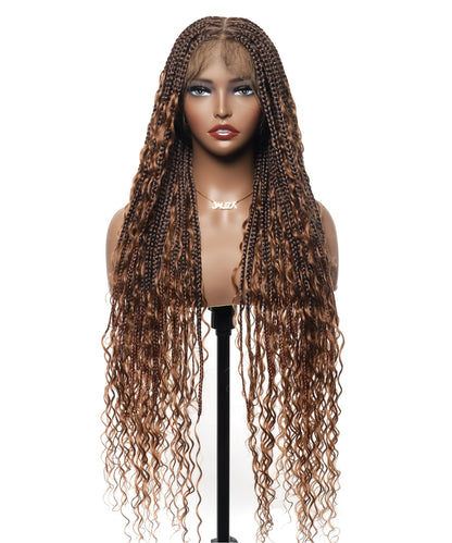 High Density Triangle Base Knotless Human Hair Boho Box Braided Wig 36" 102 Strands