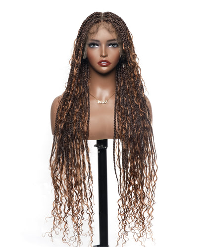 Tangleless Human Hair Boho Curls HD Lace Knotless Box Braided Wig Full Hand-tied - Human Baby Hair