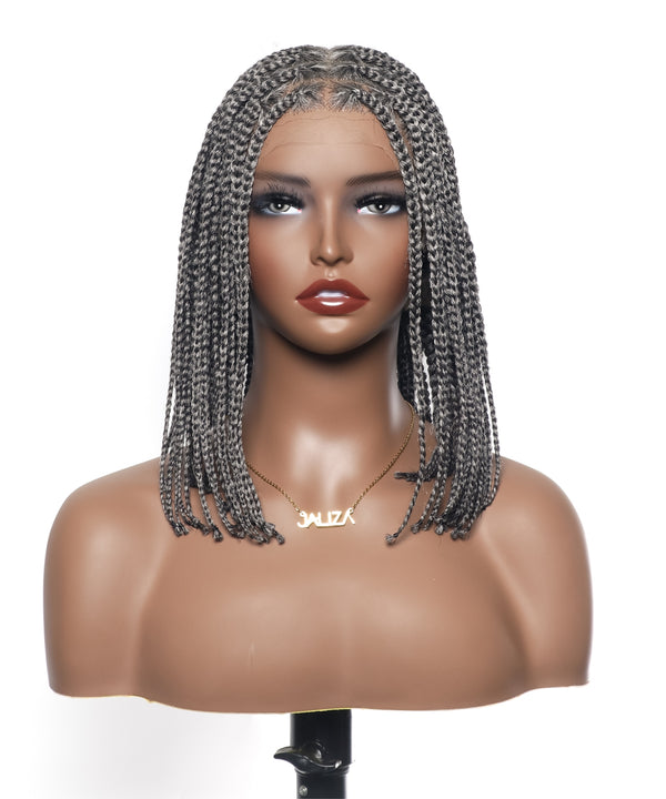 Salt and Pepper 12" HD Lace Knotless Box Braided Wig 100 Strands