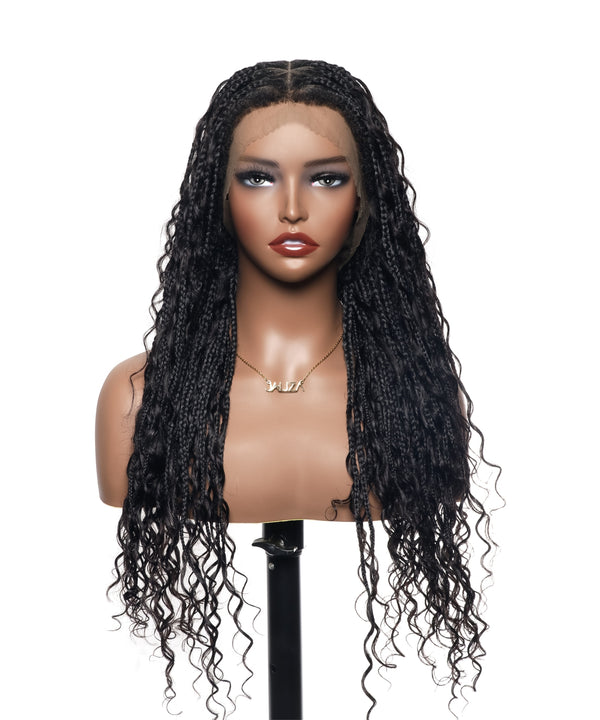 24" Full Lace Human Hair Boho Curls Box Braided Wig Triangle Base 79 Strands - Kinky Edges Human Hair Baby Hair