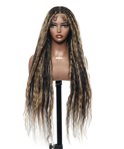 Pre Bleached Human Hair Lace Wet & Wavy Super Style HD Lace Tangleless HD Lace Knotless Boho Box Braided Wig 36" 100 Strands (Made to order, ships in 1-2 weeks)