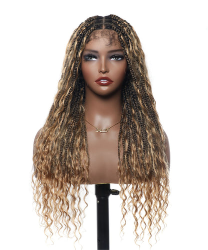 24" HD Lace Lightweight Tangleless Human Hair curls Full Hand Tied Boho Box Braided Wig