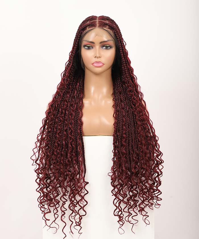 Fancivivi Boho Medium Knotless Box Braids with Curls Over Hip-Length 36" Full Hand Tied Lace Braided Wig