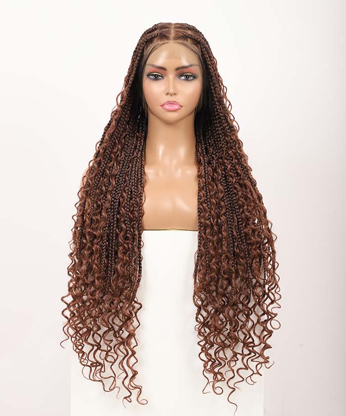 Fancivivi Boho Medium Knotless Box Braids with Curls Over Hip-Length 36" Full Hand Tied Lace Braided Wig