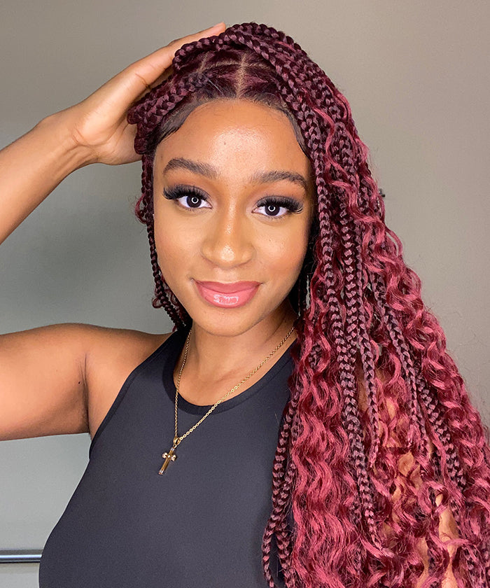 Fancivivi Boho Medium Knotless Box Braids with Curls Over Hip-Length 36" Full Hand Tied Lace Braided Wig