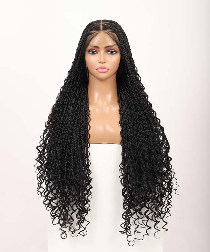 Fancivivi 36" Boho Medium Triangle Box Braids with Curls Water Wave Full Lace Braided Wig