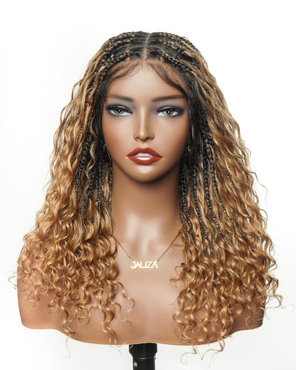 Blend 1B 27 613 Color HD Full Lace 18" 100 Strands Human Hair Boho Curls Short Boho Braided Wig