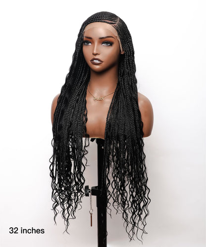 Cornrow Boho Style Box Braided Wig 32" Full Hand-tied HD Lace 86 Strands - No Baby Hair