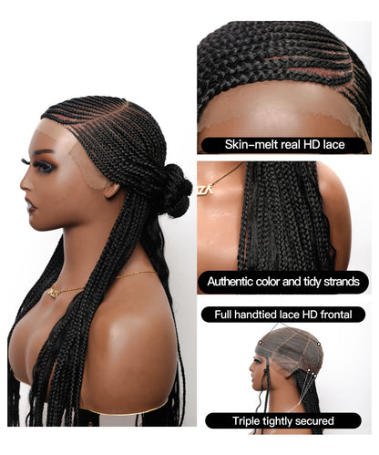 Cornrow Boho Style Box Braided Wig 32" Full Hand-tied HD Lace 86 Strands - No Baby Hair