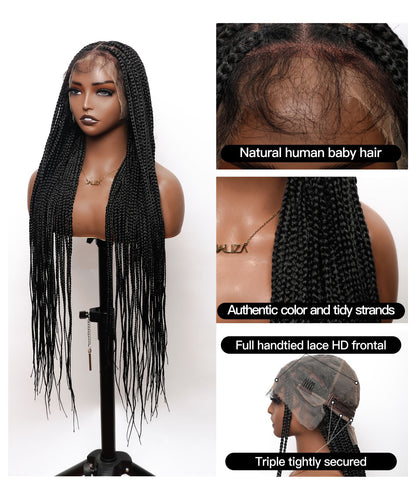 Knotless Box Braided Wig 36" Full Hand-tied HD Lace 79 Strands - Human Baby Hair