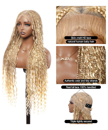 Square Base Human Hair Boho Curls Full Lace Tangleless Knotless Boho Box Braided Wig 36" 86 Strands