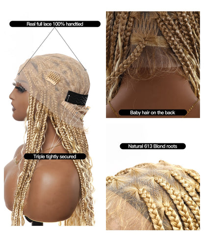 Square Base Human Hair Boho Curls Full Lace Tangleless Knotless Boho Box Braided Wig 36" 86 Strands