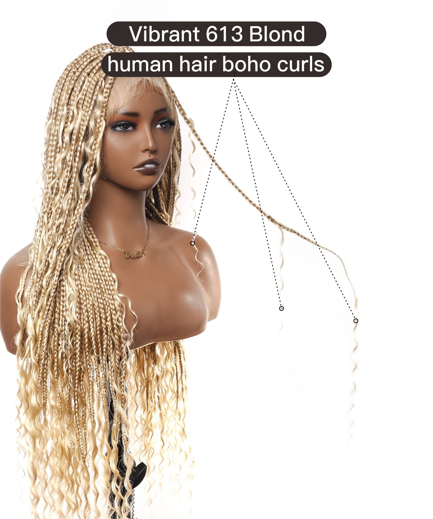 Square Base Human Hair Boho Curls Full Lace Tangleless Knotless Boho Box Braided Wig 36" 86 Strands