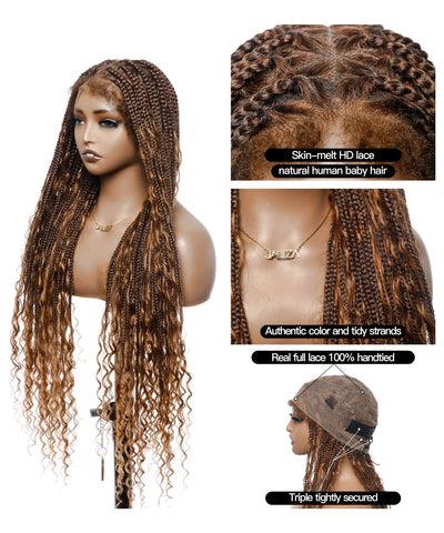 Tangleless Human Hair Boho Curls Knotless Box Braided Wig 36