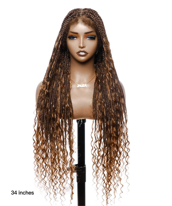 Tangleless Human Hair Boho Curls Box Braided Wig  34“ Triangle Base - Human Baby Hair