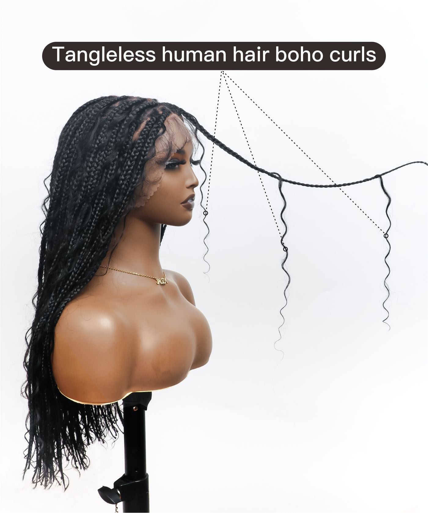 Pre Bleached Tangleless HD Lace Knotless Boho Box Braided Wig 88 Strands - Human Hair Roots & Boho Curls & Baby Hair