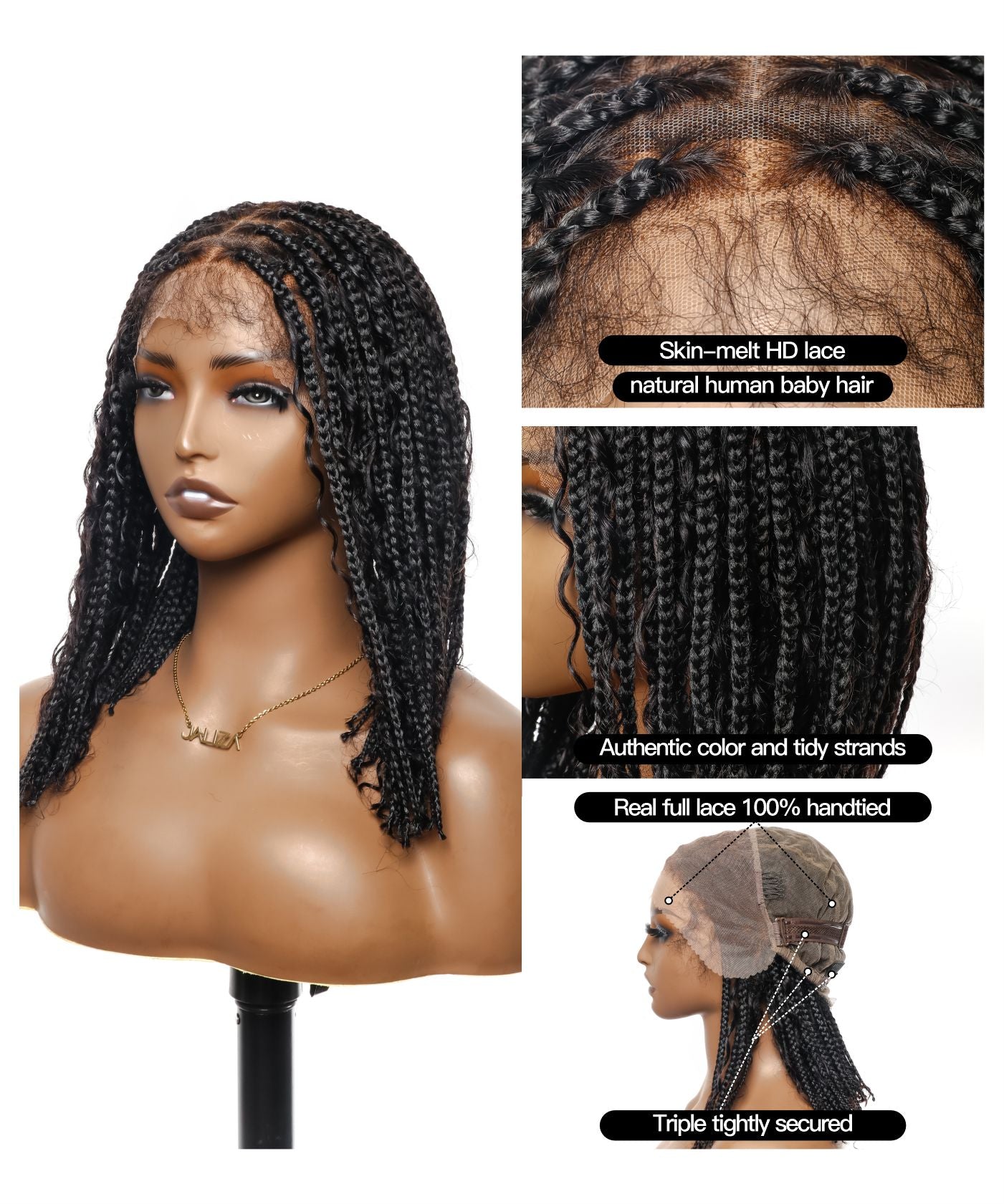 Small Cap Size(21.25") Pre Bleached Human Hair Lace Tangleless 12" HD Lace Knotless Box Boho Braided Wig 88 Strands - Human Hair Roots & Boho Curls & Baby Hair