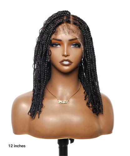 Pre Bleached Tangleless 12" HD Lace Knotless Box Boho Braided Wig 88 Strands - Human Hair Roots & Boho Curls & Baby Hair