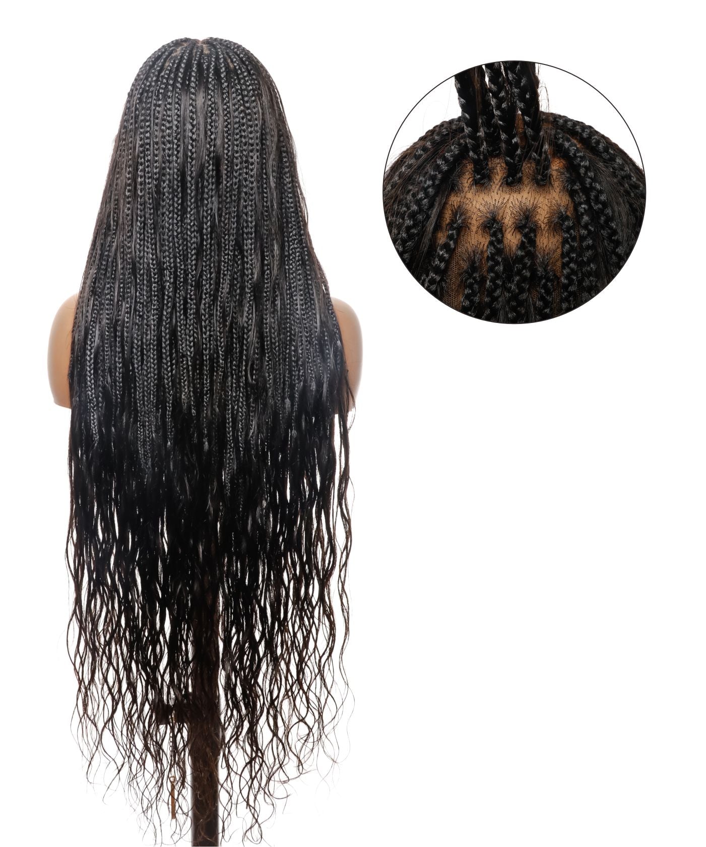 Pre Bleached Human Hair Lace Tangleless 42" High Density Knotless Box Boho Braided Wig 121 Strands - Human Hair Roots & Boho Curls & Baby Hair