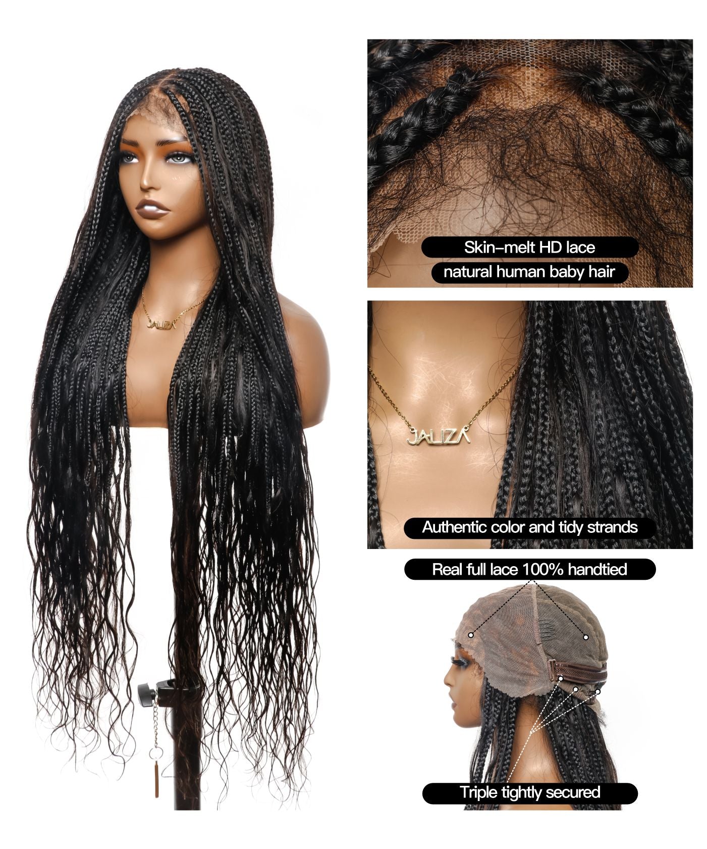 Pre Bleached Tangleless 42" High Density Knotless Box Boho Braided Wig 121 Strands - Human Hair Roots & Boho Curls & Baby Hair