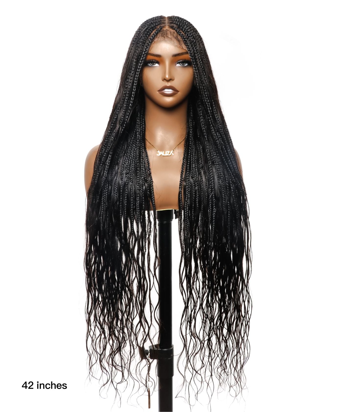 Pre Bleached Tangleless 42" High Density Knotless Box Boho Braided Wig 121 Strands - Human Hair Roots & Boho Curls & Baby Hair