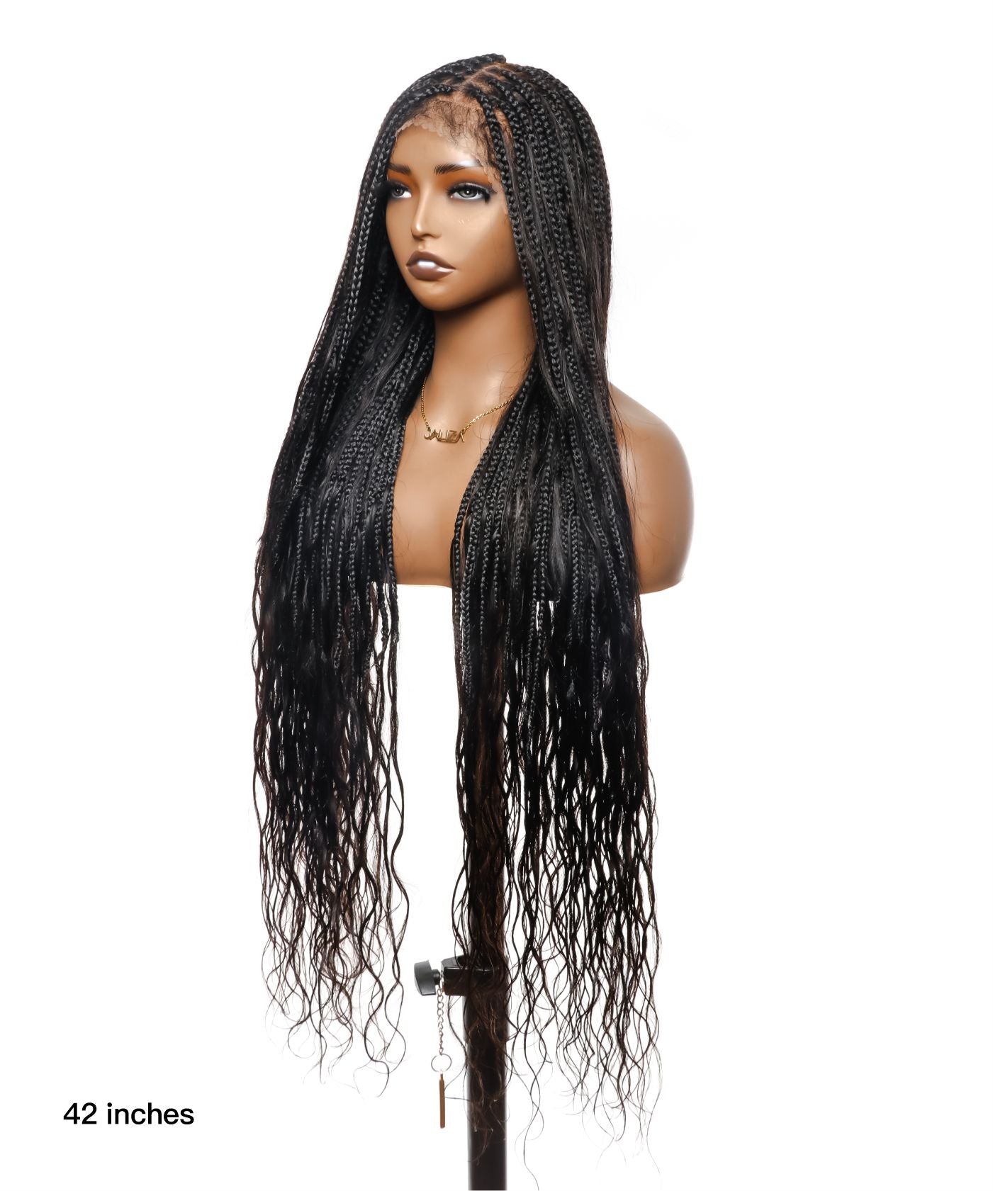 Pre Bleached Tangleless 42" High Density Knotless Box Boho Braided Wig 121 Strands - Human Hair Roots & Boho Curls & Baby Hair