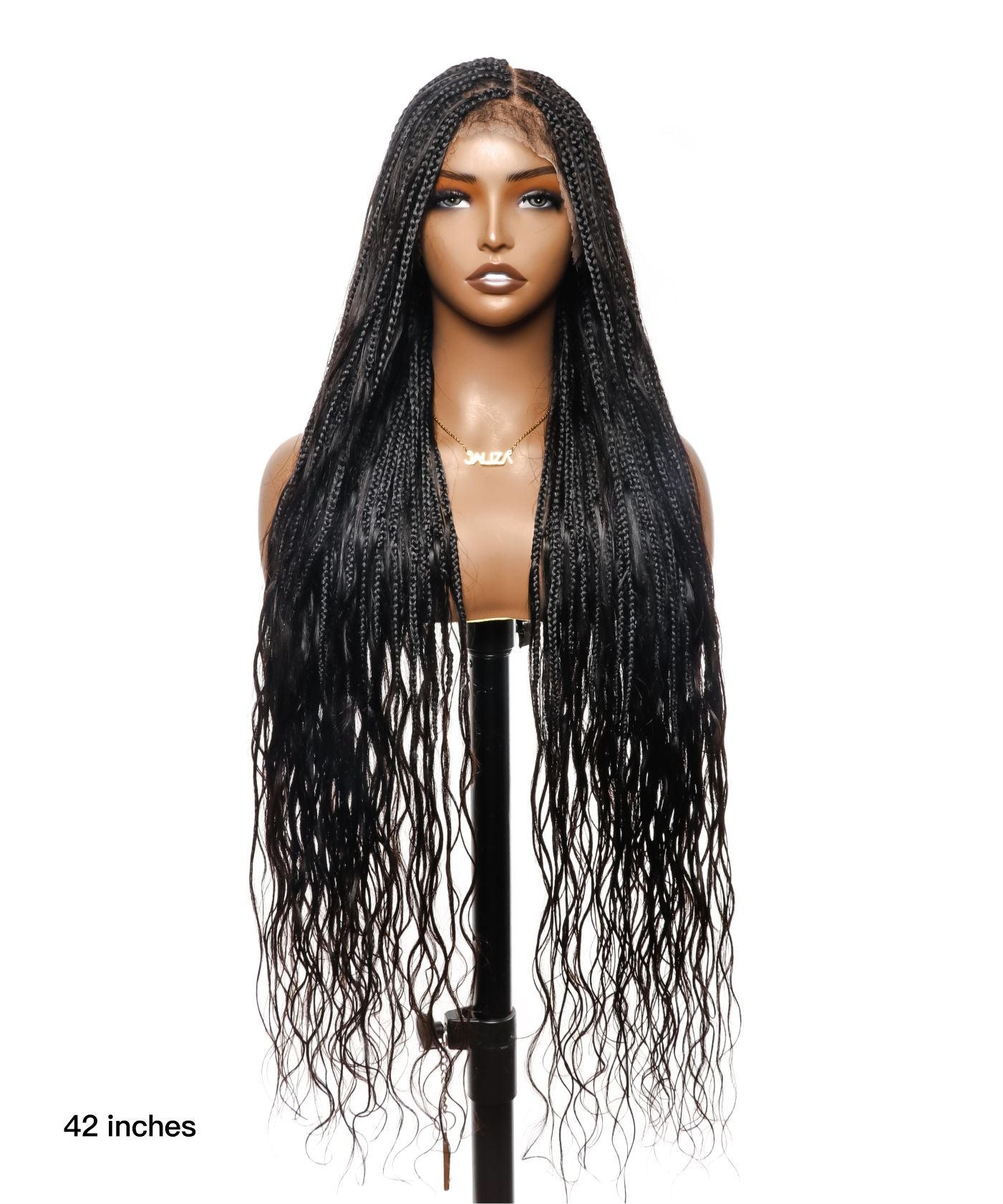 Tangleless Loose Body 42" Full Lace Knotless Boho Box Braided Wig 121 Strands - Human Hair Roots & Boho Curls & Baby Hair