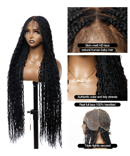 Pre Bleached Human Hair Lace Tangleless HD Knotless Boho Box Braided Wig 88 Strands - Human Hair Roots & Boho Curls & Baby Hair