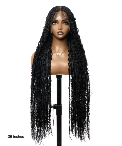 Pre Bleached Tangleless HD Lace Knotless Boho Box Braided Wig 88 Strands - Human Hair Roots & Boho Curls & Baby Hair