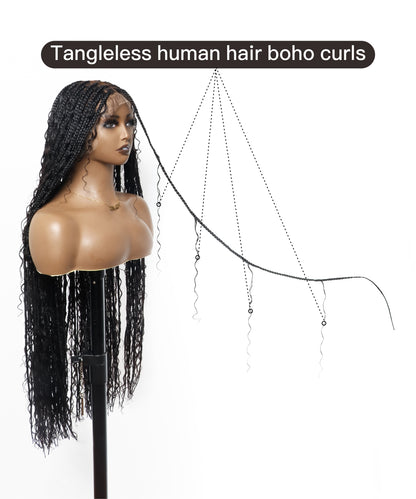 Pre Bleached Tangleless HD Lace Knotless Boho Box Braided Wig 88 Strands - Human Hair Roots & Boho Curls & Baby Hair