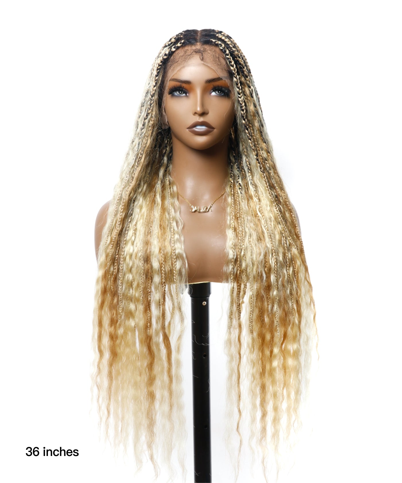 36" Super 27/613 Pre Bleached Human Hair Lace Knotless Boho Box Braided Wig Wet & Wavy