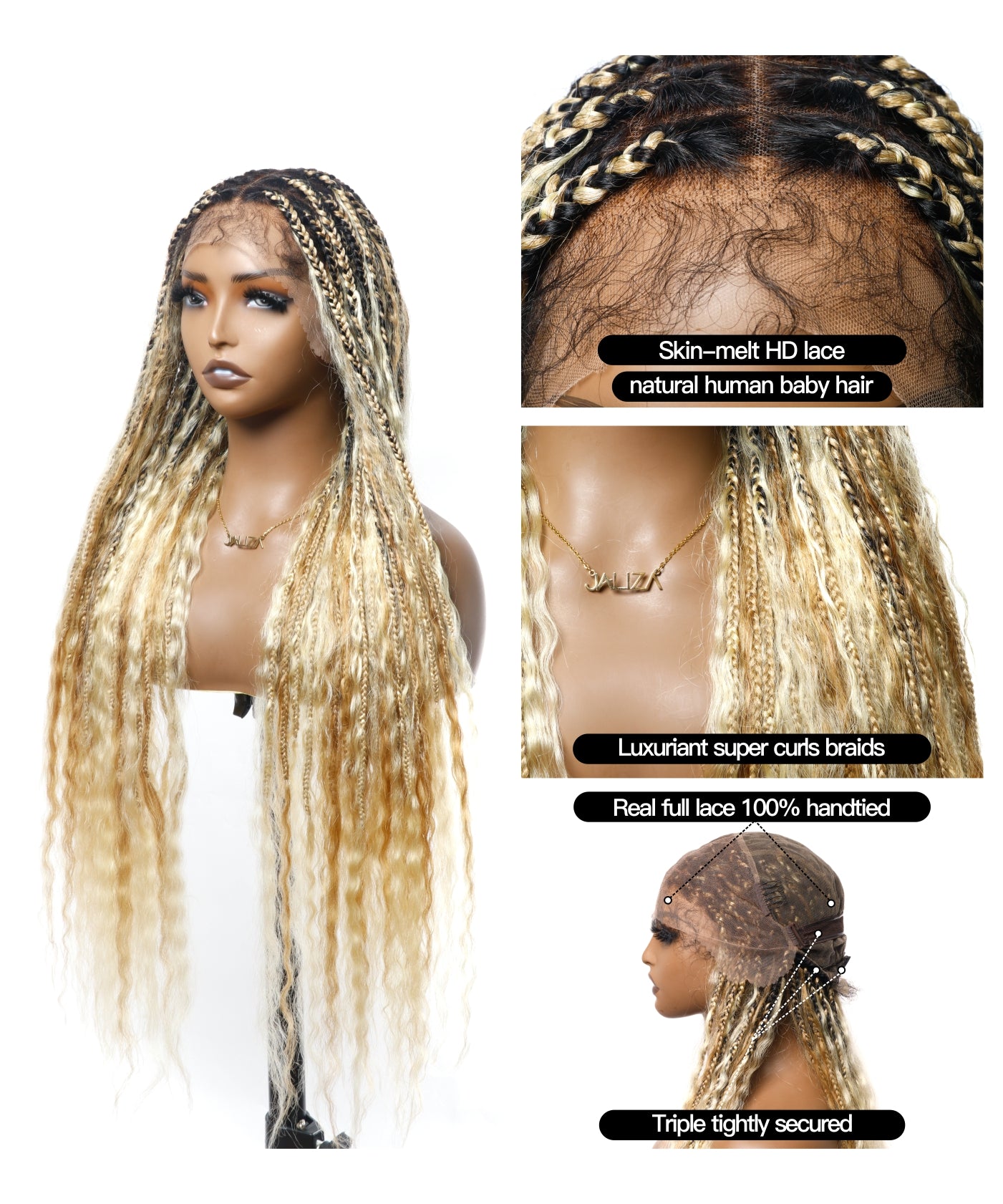 26" & 36" Super 27/613 Pre Bleached Human Hair Lace Knotless Boho Box Braided Wig Wet & Wavy