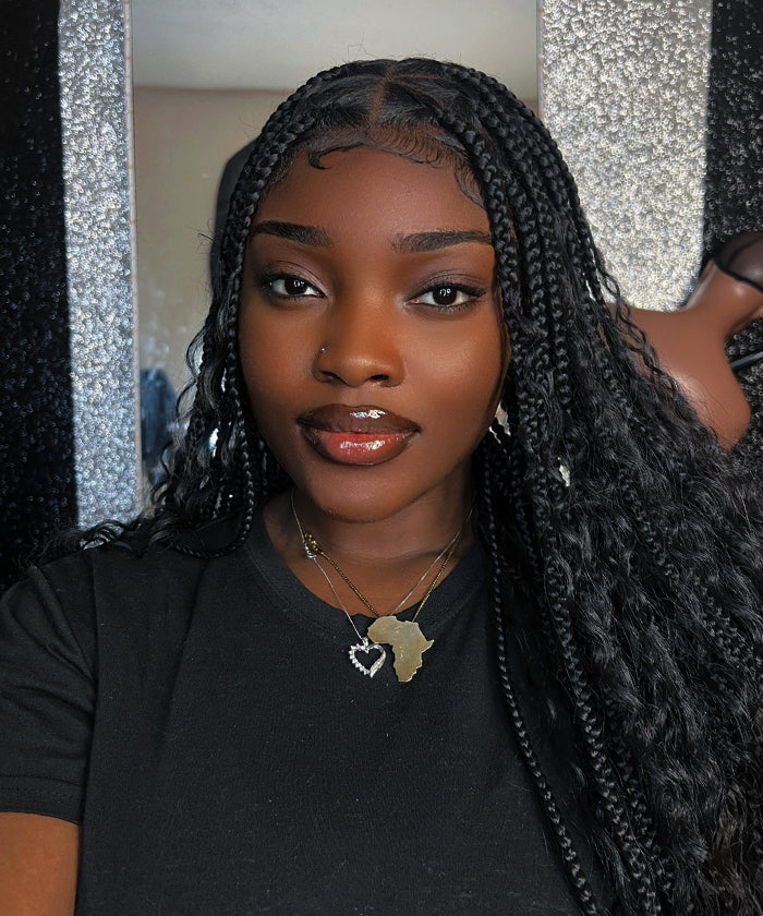 Fancivivi 36" Boho Medium Triangle Box Braids with Curls Water Wave Full Lace Braided Wig