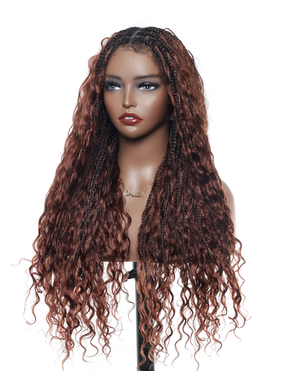 Ultra-dense 22-24“ Reddish Brown HD Full Lace Human Hair Boho Box Braided Wig 100 Strands