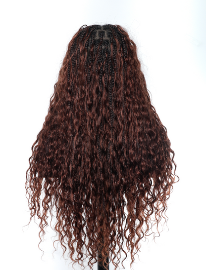 Ultra-dense 22-24“ Reddish Brown HD Full Lace Human Hair Boho Box Braided Wig 100 Strands