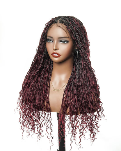 dark burgundy human hair boho braided wig 24 inches