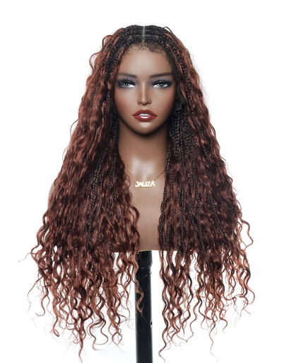 Ultra-dense 22-24“ Reddish Brown HD Full Lace Human Hair Boho Box Braided Wig 100 Strands