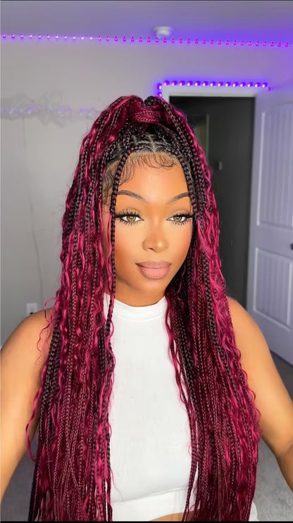 Knotless HD Lace Tangleless Boho Box Braided Wig 36“ Human Hair Boho Curls 88 Strands Burgundy