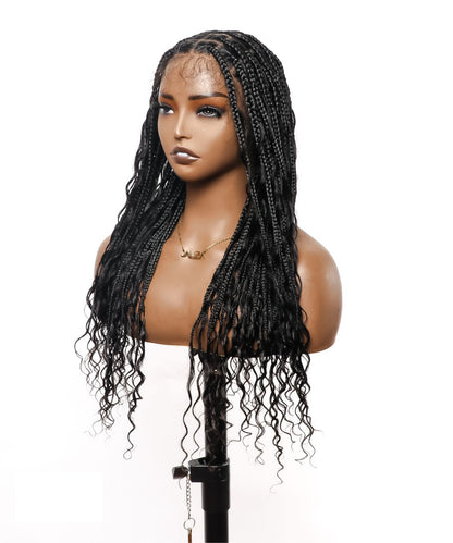 24" Human Hair Boho Box Braided Wig HD Full Lace Lightweight 79 Strands 1 Boho Curl and 1 Boho End