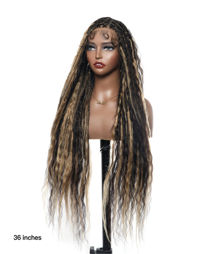 Pre Bleached Human Hair Lace Wet & Wavy Super Style HD Lace Tangleless HD Lace Knotless Boho Box Braided Wig 36" 100 Strands (Made to order, ships in 1-2 weeks)